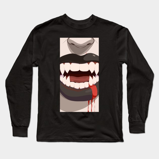 Sexy Vampire Fangs Happy Halloween Scary Monster Face Long Sleeve T-Shirt by Noseking